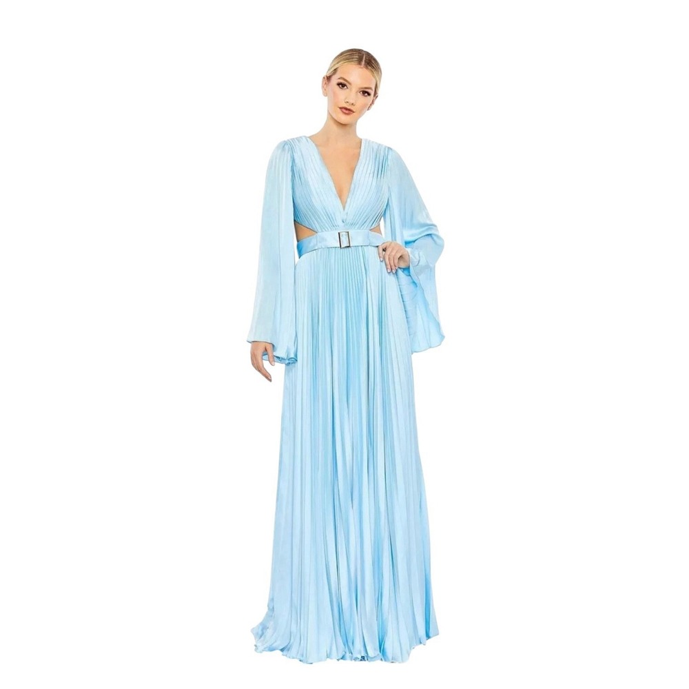 Mac Duggal 26732 Light Blue Long Sleeve Pleated Charmeuse Gown Size 4 $598